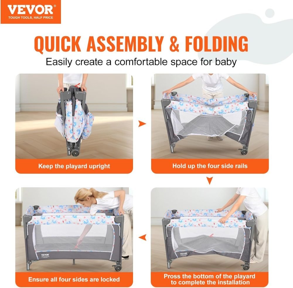 VEVOR 77 lbs Load Capacity, Easy to Fold Portable Bassinet Sleeper with Storage Basket and Wheels - Image 2