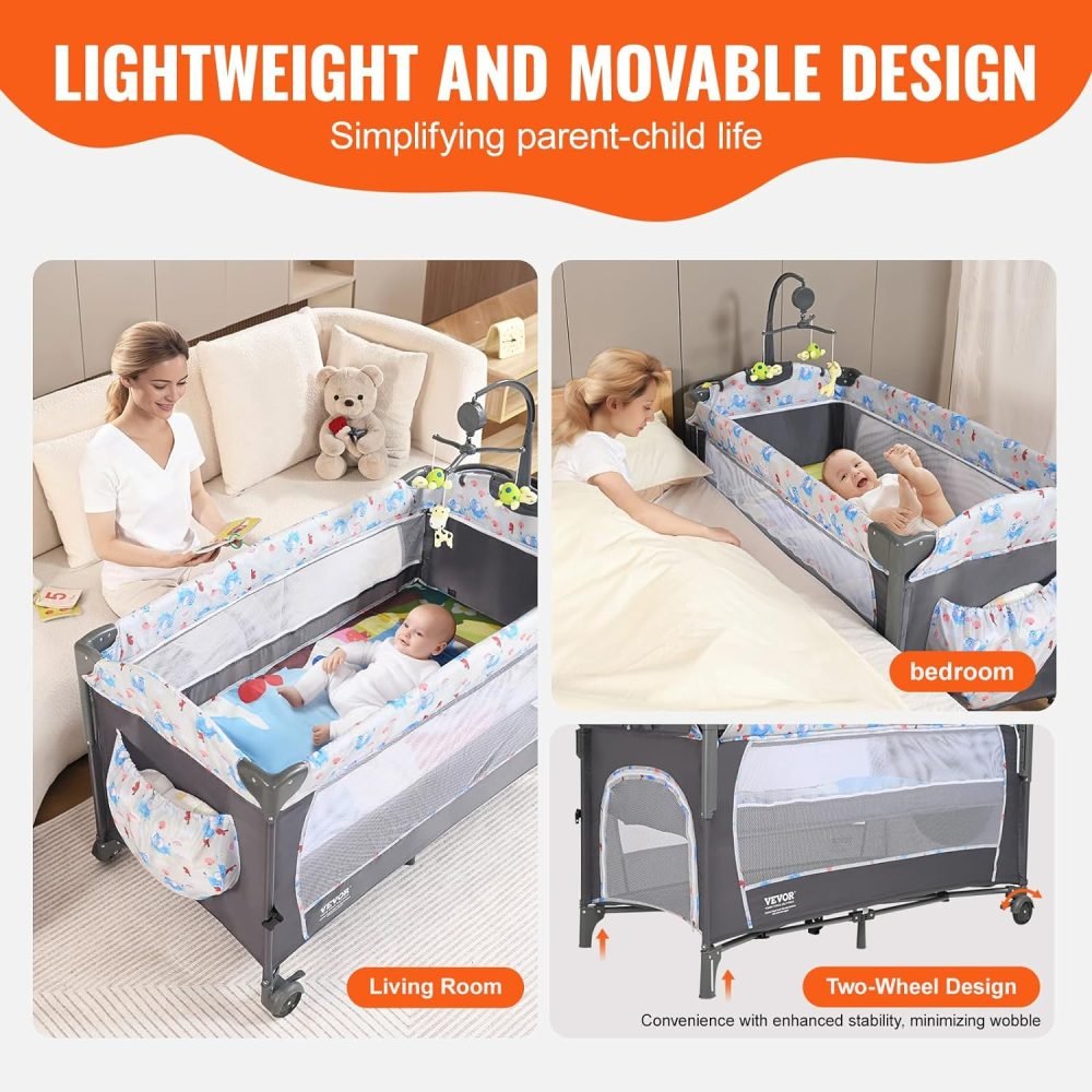VEVOR 77 lbs Load Capacity, Easy to Fold Portable Bassinet Sleeper with Storage Basket and Wheels - Image 3