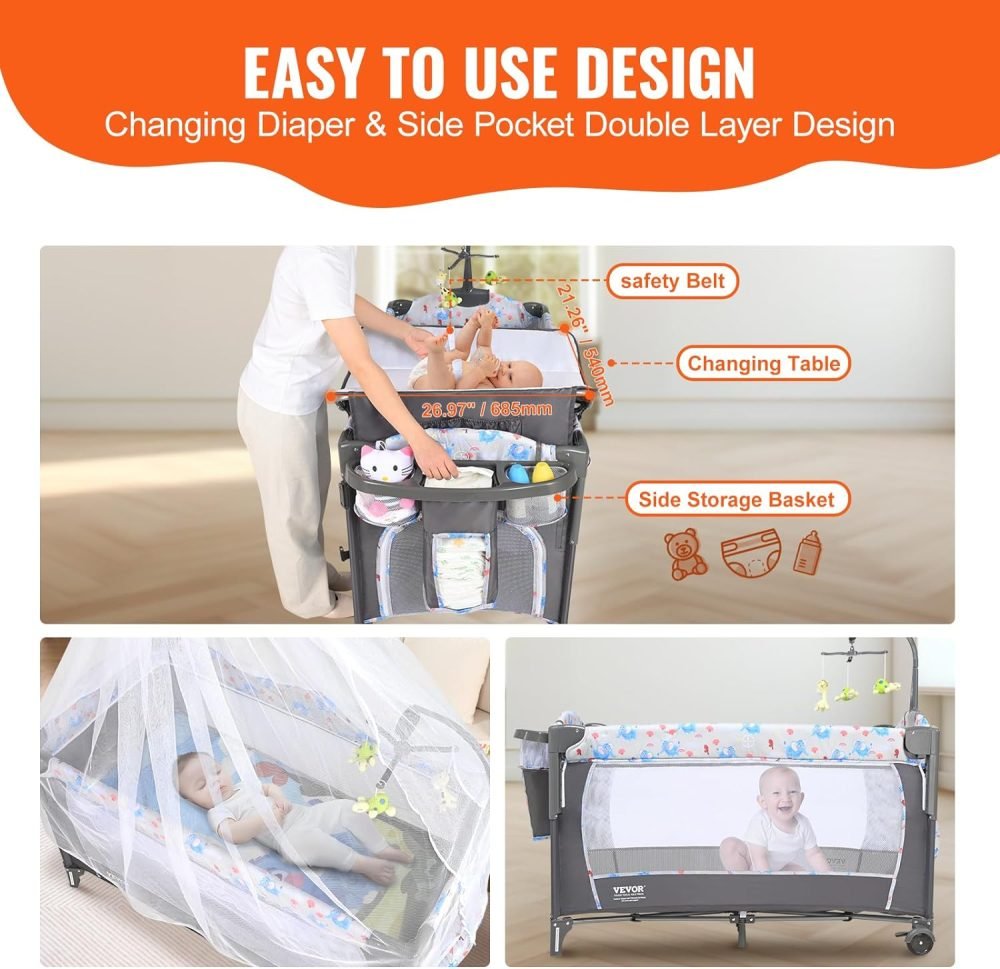 VEVOR 77 lbs Load Capacity, Easy to Fold Portable Bassinet Sleeper with Storage Basket and Wheels - Image 5