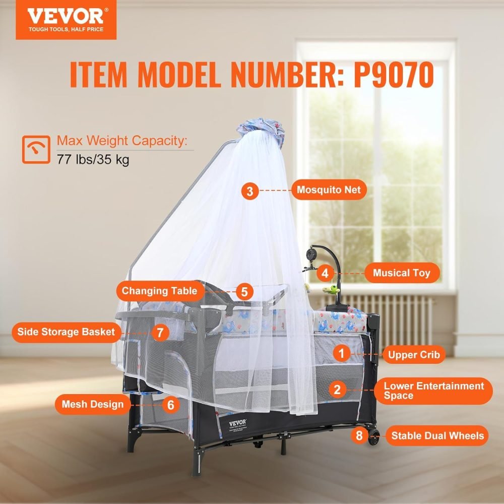 VEVOR 77 lbs Load Capacity, Easy to Fold Portable Bassinet Sleeper with Storage Basket and Wheels - Image 7