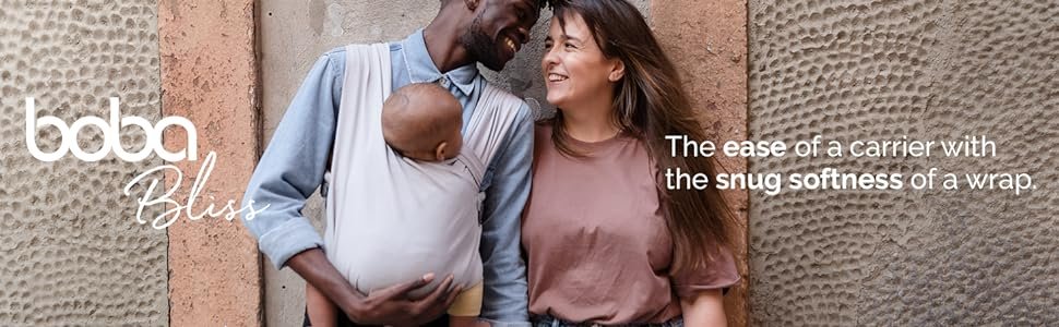 Boba Bliss, the ease of a carrier with the snug softness of a wrap, light, breathable, adjustable 