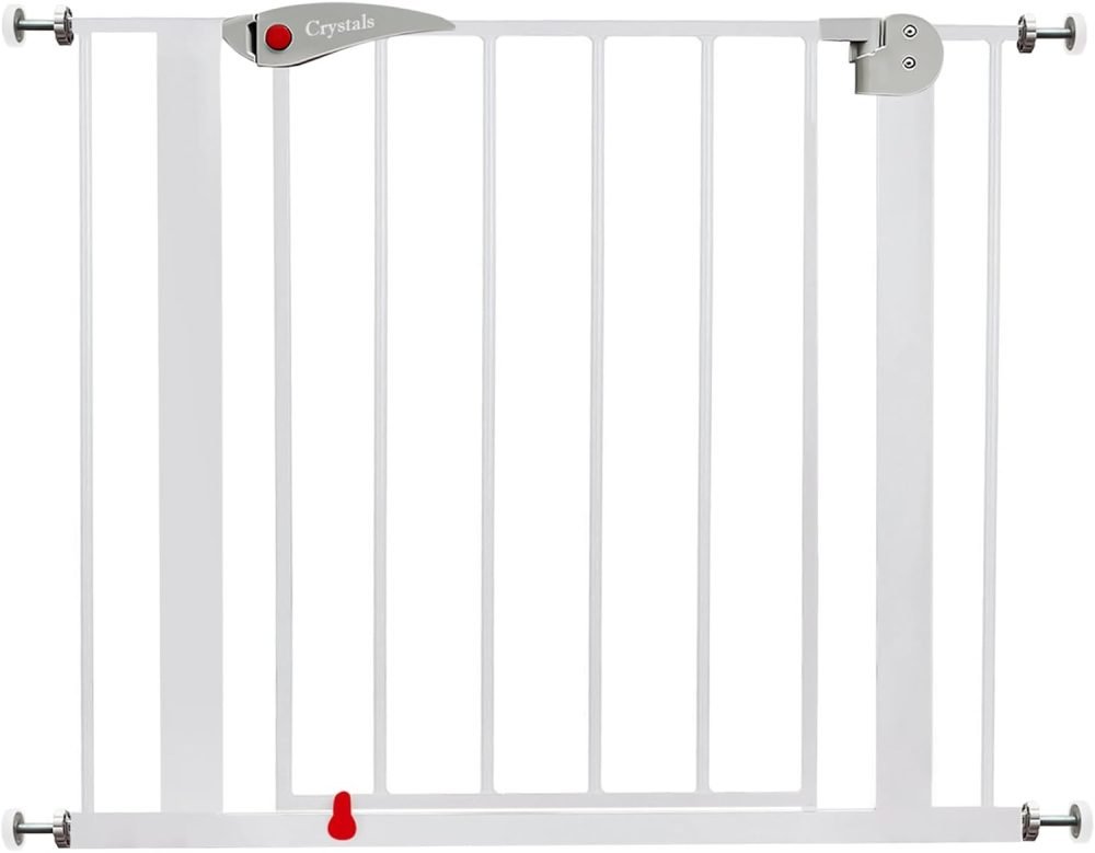Baby Gate for Doors and Stairs, 10 cm Extension, Stair Gate Pressure Fit - No Screws, Child Stair Gate for Widths 75 to 85 cm, Dog Safety Gate One-Handed Opening to Both Sides, Metal, White/Grey