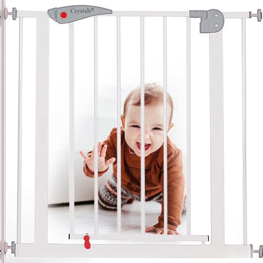 Baby Gate for Doors and Stairs, 10 cm Extension, Stair Gate Pressure Fit - No Screws, Child Stair Gate for Widths 75 to 85 cm, Dog Safety Gate One-Handed Opening to Both Sides, Metal, White/Grey - Image 3