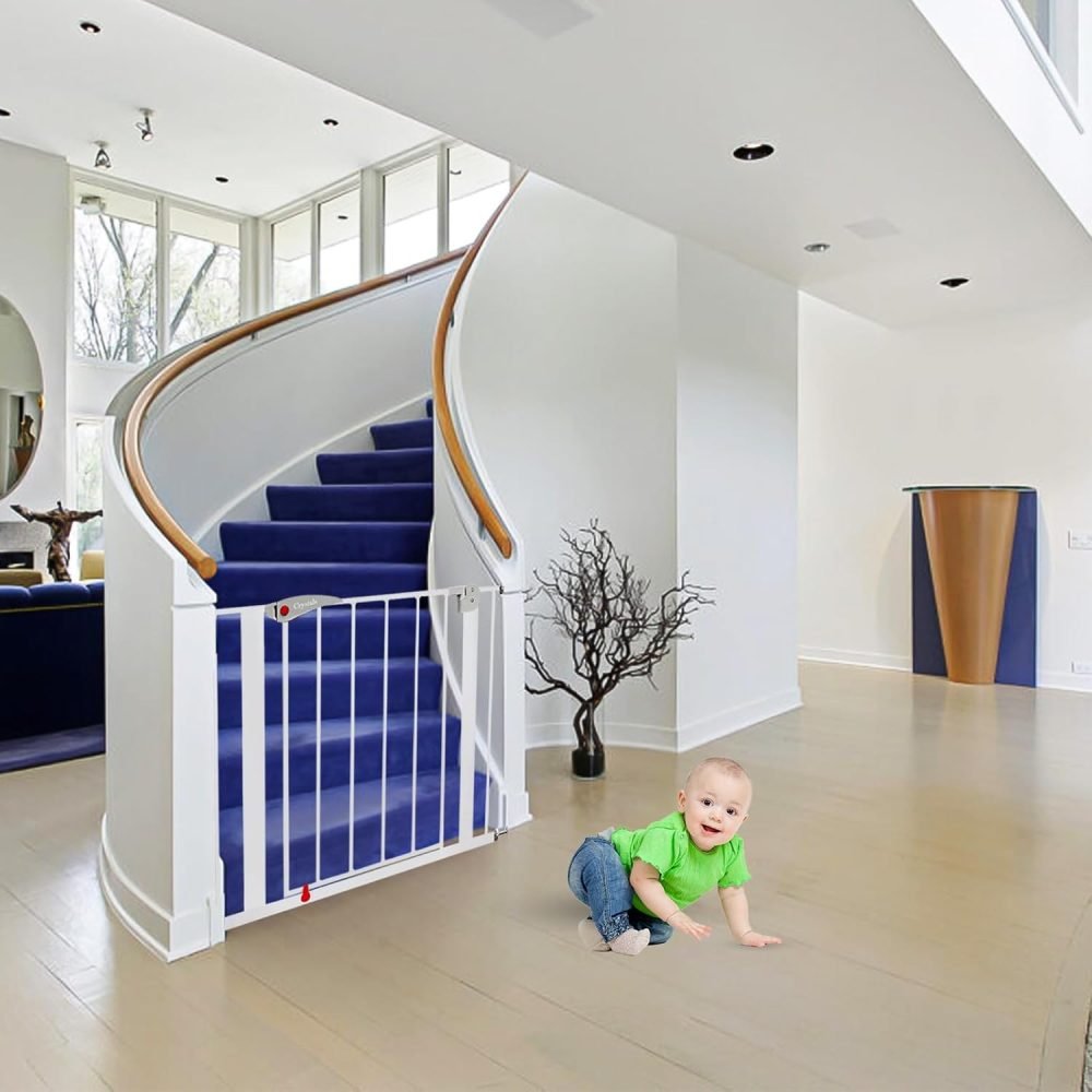 Baby Gate for Doors and Stairs, 10 cm Extension, Stair Gate Pressure Fit - No Screws, Child Stair Gate for Widths 75 to 85 cm, Dog Safety Gate One-Handed Opening to Both Sides, Metal, White/Grey - Image 6