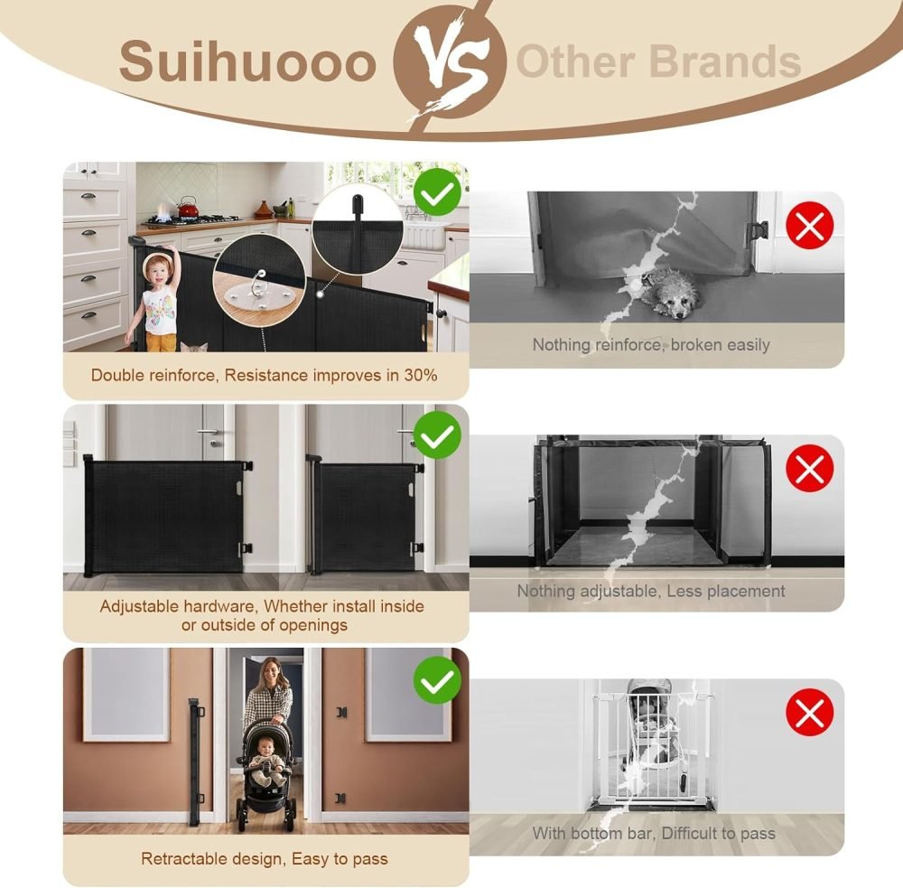 suihuooo Retractable Stair Gate for Baby and Dog, Mesh Baby Gate Extends up to 310cm Wide, 86cm Tall Retractable Dog Gate, Extra Wide Baby Safety Gate for Doorways, Hallways, Indoor and Outdoor - Image 3