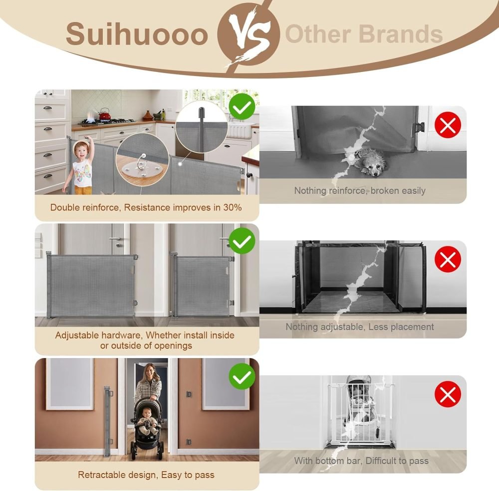 suihuooo Retractable Stair Gate for Baby and Dog, Mesh Baby Gate Extends up to 310cm Wide, 86cm Tall Retractable Dog Gate, Extra Wide Baby Safety Gate for Doorways, Hallways, Indoor and Outdoor - Image 11