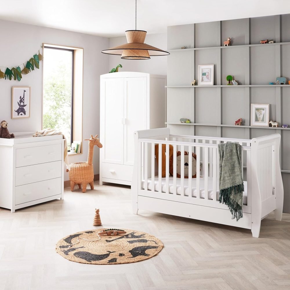 Babymore Stella 3 Piece Nursery Room Set White - 1 Baby Cot Bed & One 2 Door Wardrobe Having Full Size Drawer & 1 Chest Changer, Wooden Chest Of Drawer Storage Cabinet | 3 Piece Nursery Room Furniture