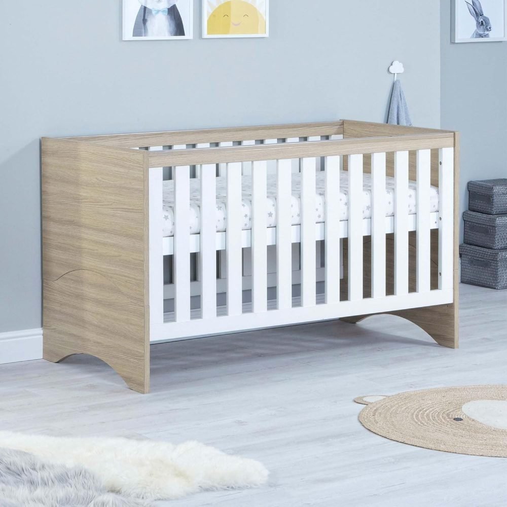 Babymore Veni 2 Piece Nursery Room Set Oak White - 1 Baby Cot Bed & 1 Chest Changer With 3 Double Handle Drawers, Wooden Chest Of Drawer Storage Cabinet | 2 Piece Nursery Room Furniture Oak White - Image 2
