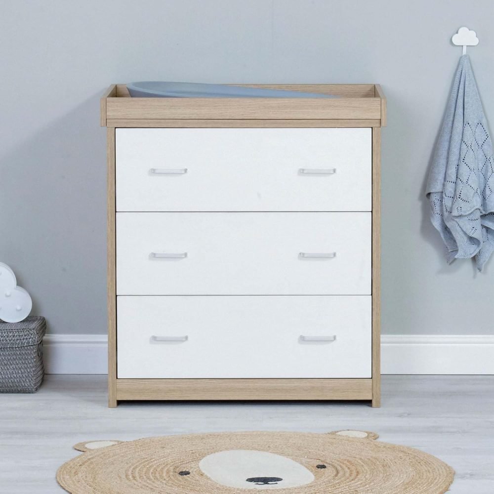 Babymore Veni 2 Piece Nursery Room Set Oak White - 1 Baby Cot Bed & 1 Chest Changer With 3 Double Handle Drawers, Wooden Chest Of Drawer Storage Cabinet | 2 Piece Nursery Room Furniture Oak White - Image 3