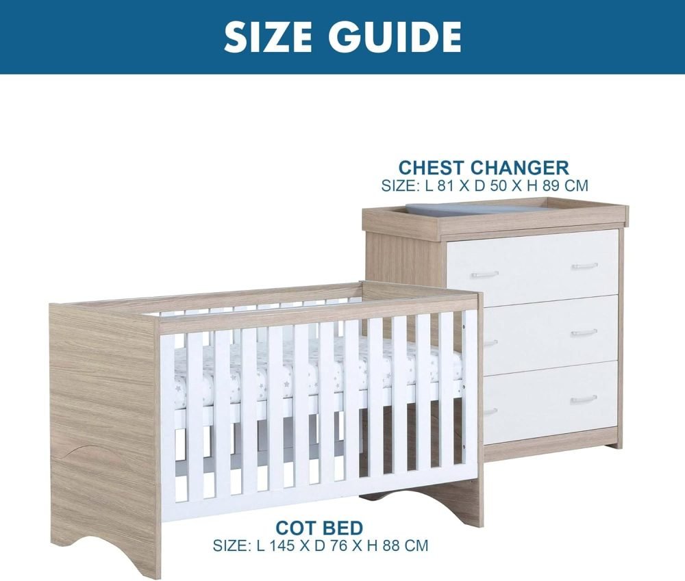 Babymore Veni 2 Piece Nursery Room Set Oak White - 1 Baby Cot Bed & 1 Chest Changer With 3 Double Handle Drawers, Wooden Chest Of Drawer Storage Cabinet | 2 Piece Nursery Room Furniture Oak White - Image 4