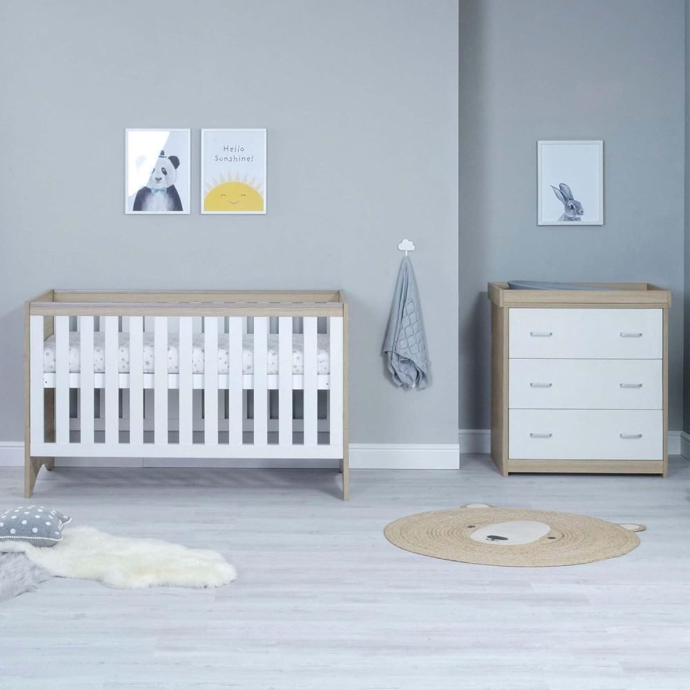 Babymore Veni 2 Piece Nursery Room Set Oak White - 1 Baby Cot Bed & 1 Chest Changer With 3 Double Handle Drawers, Wooden Chest Of Drawer Storage Cabinet | 2 Piece Nursery Room Furniture Oak White - Image 5