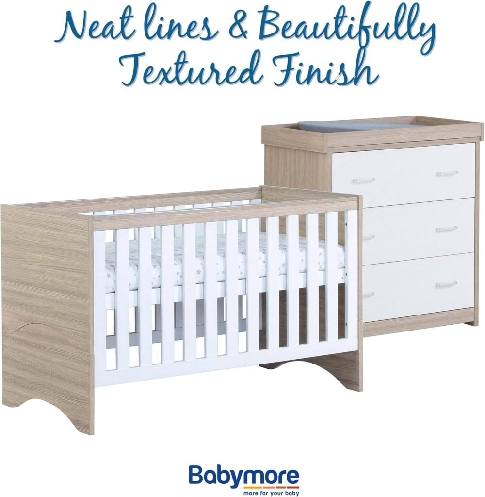 Babymore Veni 2 Piece Nursery Room Set Oak White - 1 Baby Cot Bed & 1 Chest Changer With 3 Double Handle Drawers, Wooden Chest Of Drawer Storage Cabinet | 2 Piece Nursery Room Furniture Oak White - Image 6