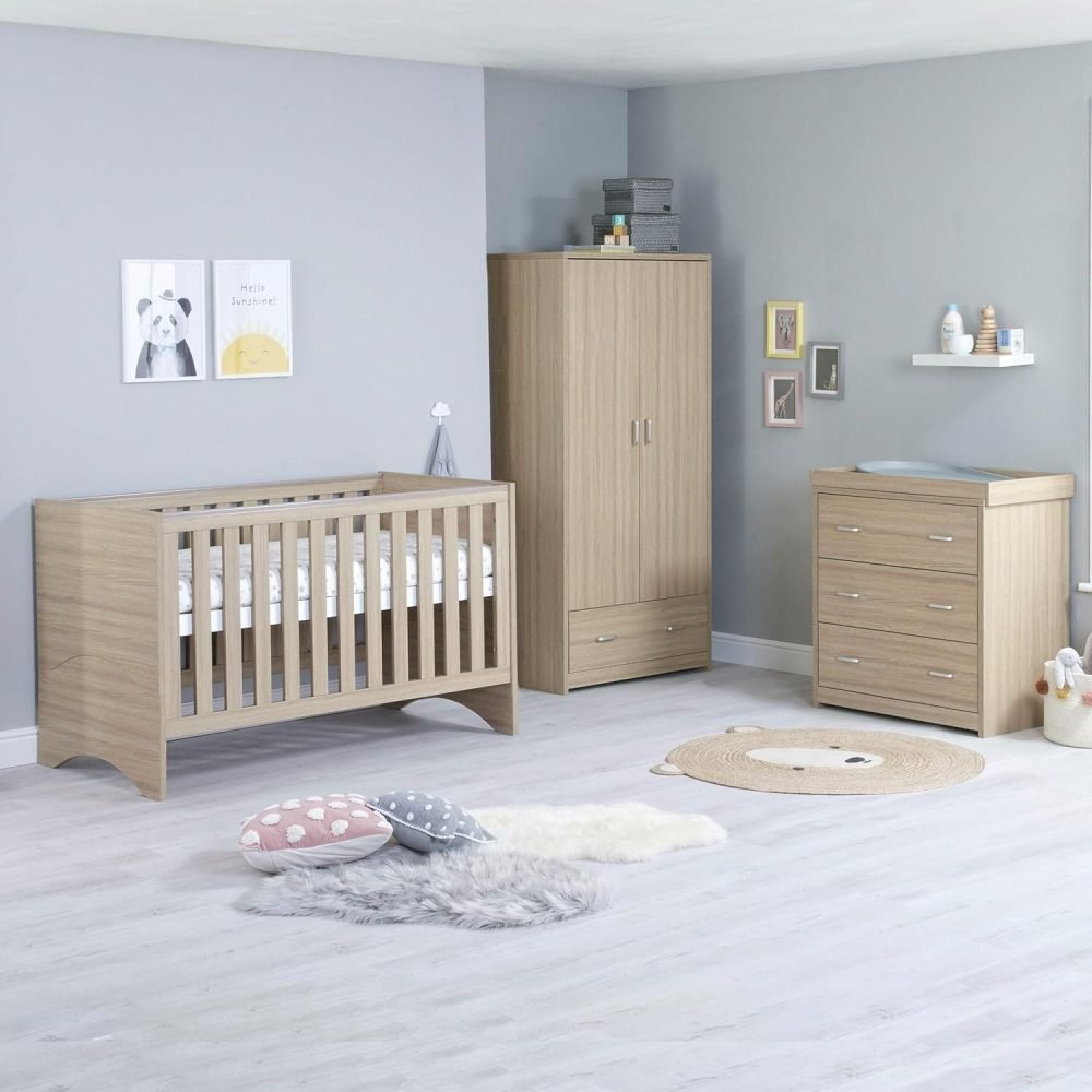 Babymore Veni 3 Piece Nursery Room Set Oak - 1 Baby Cot Bed & One 2 Door Wardrobe Having Full Size Drawer & 1 Chest Changer, Wooden Chest Of Drawer Storage Cabinet | 3 Piece Nursery Room Set Oak
