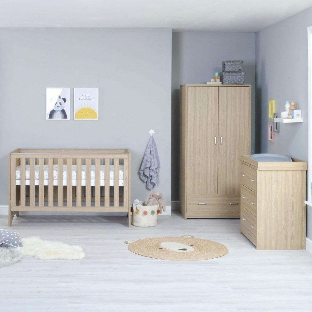 Babymore Veni 3 Piece Nursery Room Set Oak - 1 Baby Cot Bed & One 2 Door Wardrobe Having Full Size Drawer & 1 Chest Changer, Wooden Chest Of Drawer Storage Cabinet | 3 Piece Nursery Room Set Oak - Image 2