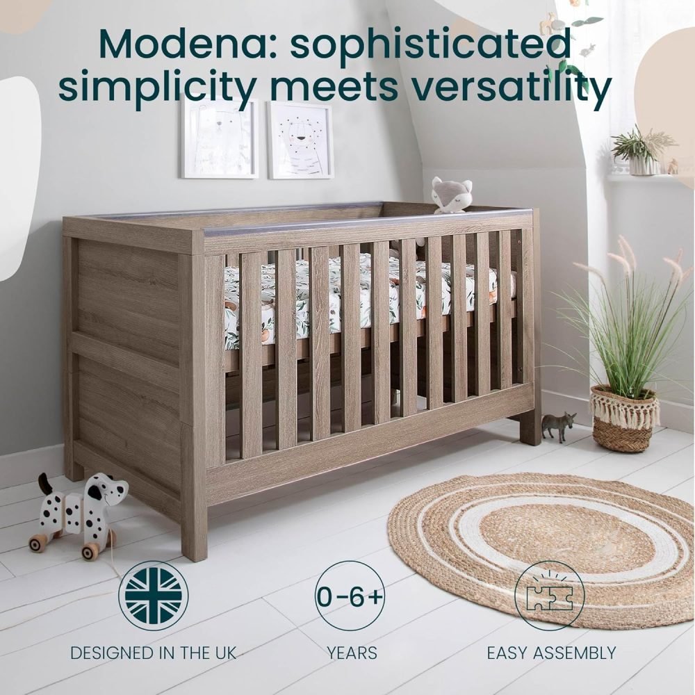 Tutti Bambini Modena Baby Cot Bed - 3-in-1 Wooden Baby Crib, Toddler Bed & Day Bed, Baby Bed with Teething Rails & Adjustable Base, From Birth to 6 Years, Oak & White (140 cm x 70 cm) - Image 2