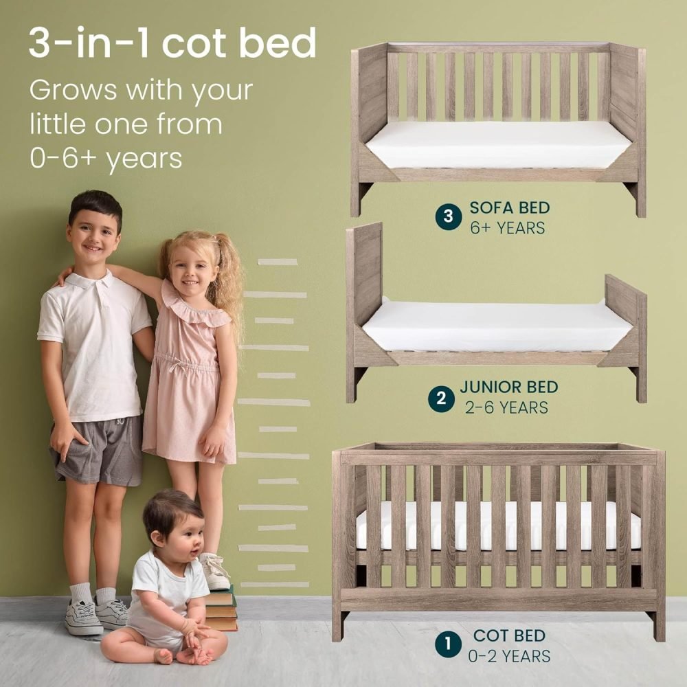 Tutti Bambini Modena Baby Cot Bed - 3-in-1 Wooden Baby Crib, Toddler Bed & Day Bed, Baby Bed with Teething Rails & Adjustable Base, From Birth to 6 Years, Oak & White (140 cm x 70 cm) - Image 3