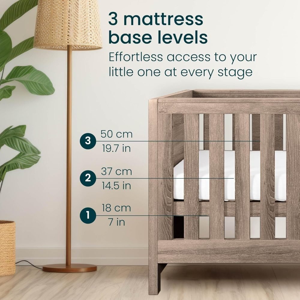 Tutti Bambini Modena Baby Cot Bed - 3-in-1 Wooden Baby Crib, Toddler Bed & Day Bed, Baby Bed with Teething Rails & Adjustable Base, From Birth to 6 Years, Oak & White (140 cm x 70 cm) - Image 5