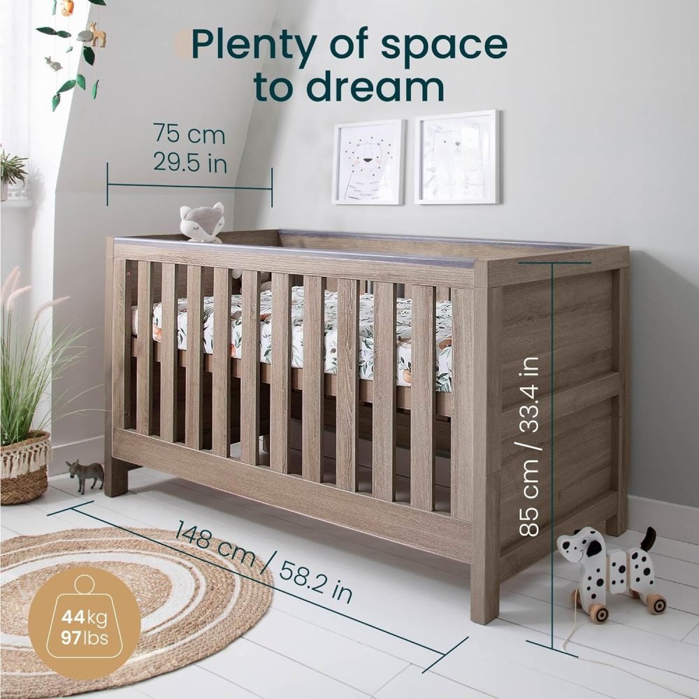Tutti Bambini Modena Baby Cot Bed - 3-in-1 Wooden Baby Crib, Toddler Bed & Day Bed, Baby Bed with Teething Rails & Adjustable Base, From Birth to 6 Years, Oak & White (140 cm x 70 cm) - Image 6