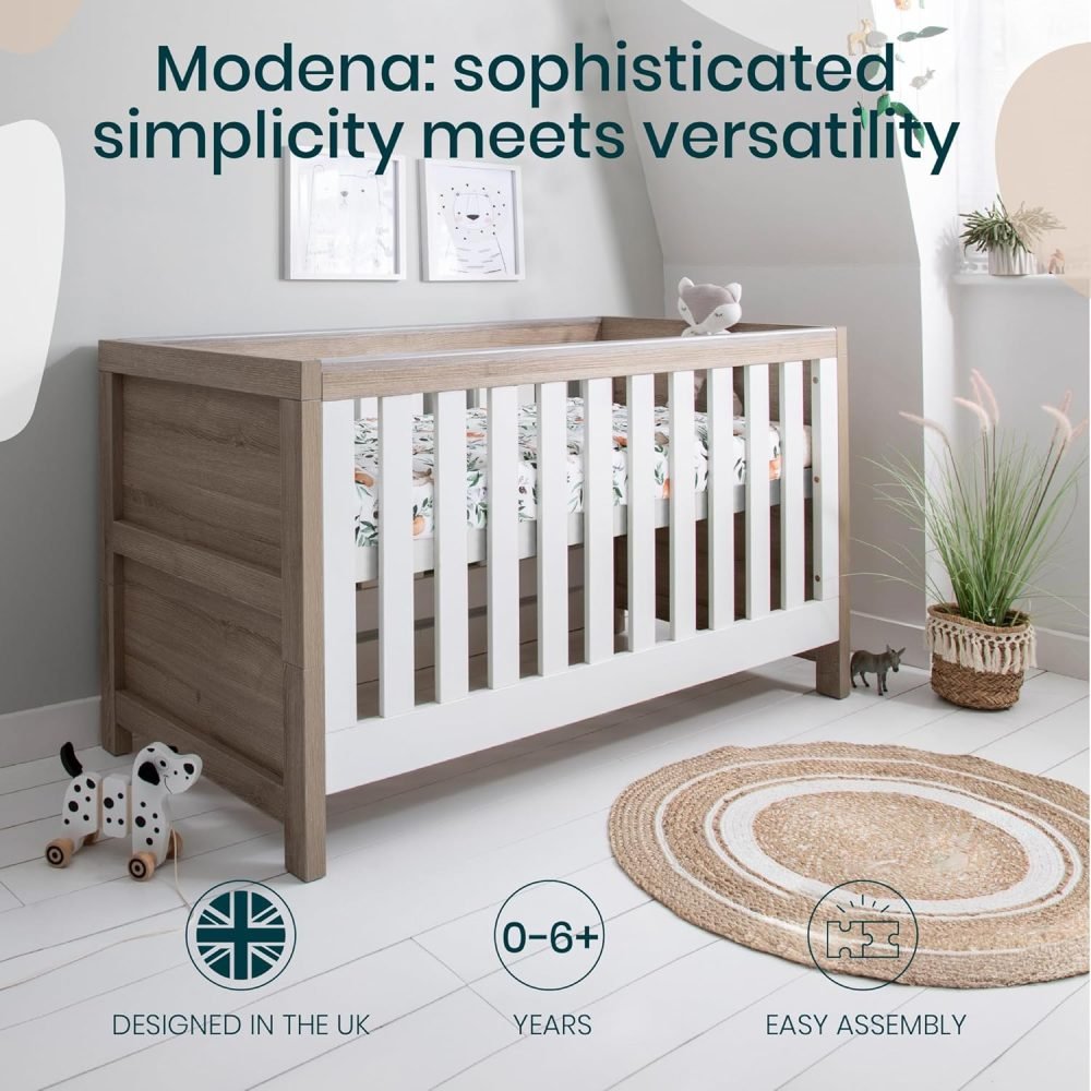 Tutti Bambini Modena Baby Cot Bed - 3-in-1 Wooden Baby Crib, Toddler Bed & Day Bed, Baby Bed with Teething Rails & Adjustable Base, From Birth to 6 Years, Oak & White (140 cm x 70 cm) - Image 11