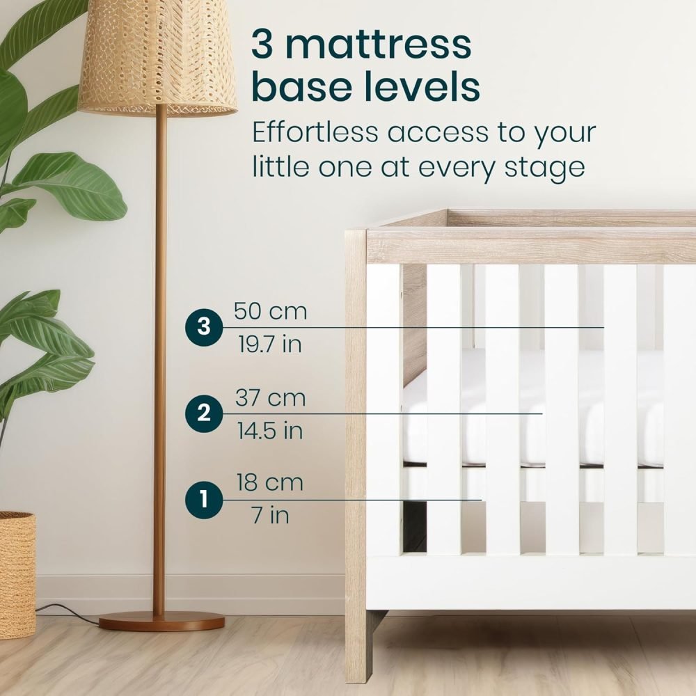 Tutti Bambini Modena Baby Cot Bed - 3-in-1 Wooden Baby Crib, Toddler Bed & Day Bed, Baby Bed with Teething Rails & Adjustable Base, From Birth to 6 Years, Oak & White (140 cm x 70 cm) - Image 14
