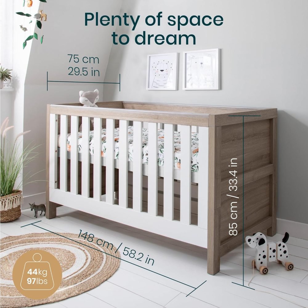 Tutti Bambini Modena Baby Cot Bed - 3-in-1 Wooden Baby Crib, Toddler Bed & Day Bed, Baby Bed with Teething Rails & Adjustable Base, From Birth to 6 Years, Oak & White (140 cm x 70 cm) - Image 15