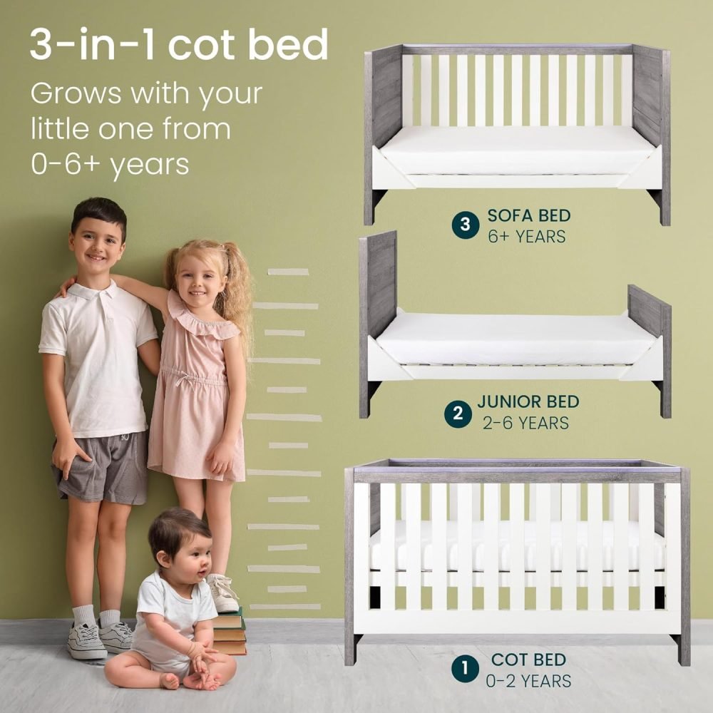 Tutti Bambini Modena Baby Cot Bed - 3-in-1 Wooden Baby Crib, Toddler Bed & Day Bed, Baby Bed with Teething Rails & Adjustable Base, From Birth to 6 Years, Oak & White (140 cm x 70 cm) - Image 20
