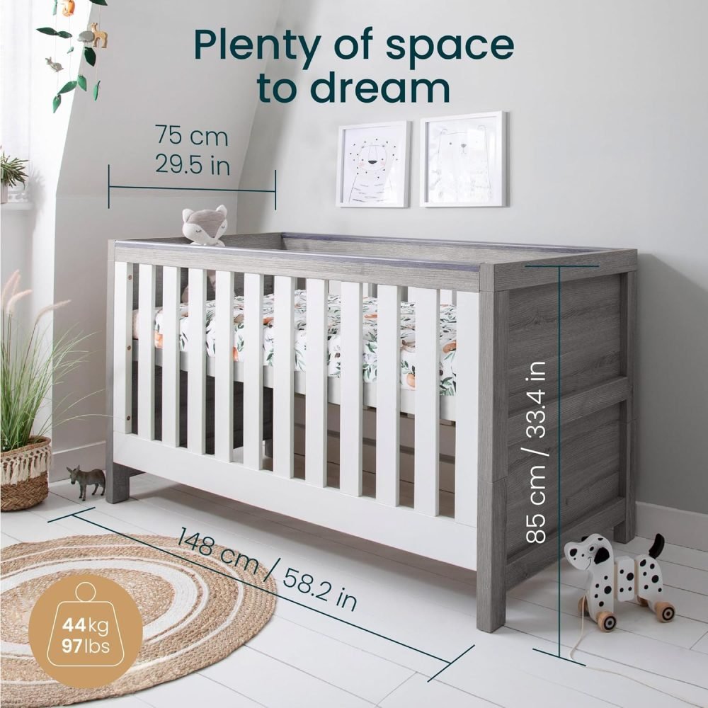 Tutti Bambini Modena Baby Cot Bed - 3-in-1 Wooden Baby Crib, Toddler Bed & Day Bed, Baby Bed with Teething Rails & Adjustable Base, From Birth to 6 Years, Oak & White (140 cm x 70 cm) - Image 23