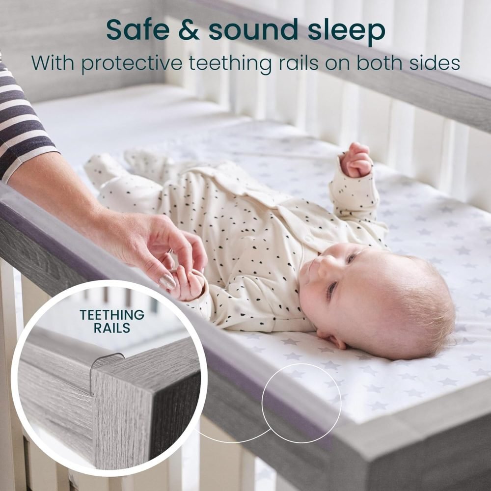 Tutti Bambini Modena Baby Cot Bed - 3-in-1 Wooden Baby Crib, Toddler Bed & Day Bed, Baby Bed with Teething Rails & Adjustable Base, From Birth to 6 Years, Oak & White (140 cm x 70 cm) - Image 24