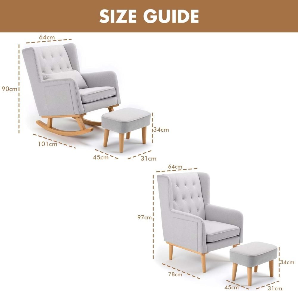 Babymore Pure Comfort Lux Nursing Chair with Footstool - Gentle Rocking Chair, Convertible Wing Chair having Storage Pockets with Chic Fabric & High-Density Padding Included Lumbar Cushion (Grey) - Image 2