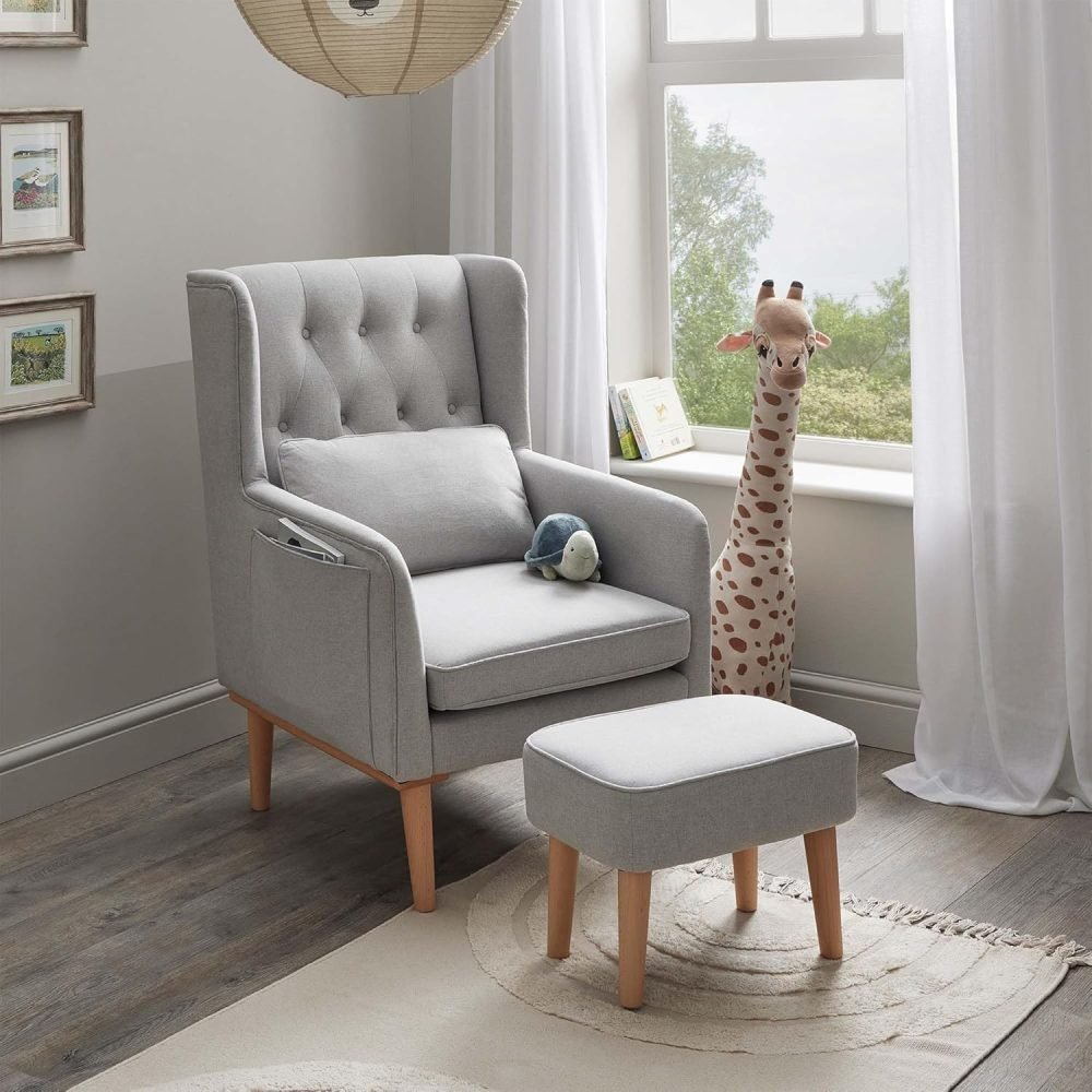 Babymore Pure Comfort Lux Nursing Chair with Footstool - Gentle Rocking Chair, Convertible Wing Chair having Storage Pockets with Chic Fabric & High-Density Padding Included Lumbar Cushion (Grey) - Image 3