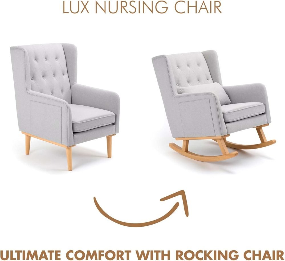 Babymore Pure Comfort Lux Nursing Chair with Footstool - Gentle Rocking Chair, Convertible Wing Chair having Storage Pockets with Chic Fabric & High-Density Padding Included Lumbar Cushion (Grey) - Image 4