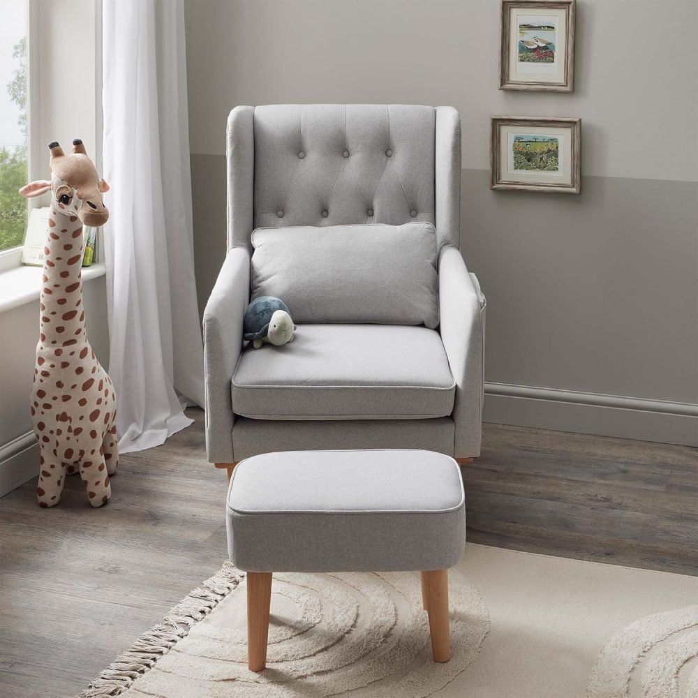 Babymore Pure Comfort Lux Nursing Chair with Footstool - Gentle Rocking Chair, Convertible Wing Chair having Storage Pockets with Chic Fabric & High-Density Padding Included Lumbar Cushion (Grey) - Image 6