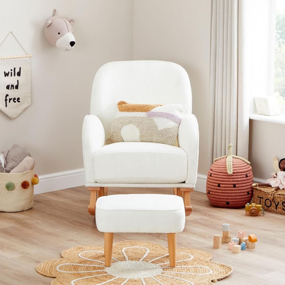 Babymore Freya Nursing Chair & Footstool in Off-White Bouclé - Elegant Rocking Chair for Timeless Comfort With Sturdy Wooden Legs, Soft Fabric & Stylish Armrests | Contoured Backrest Enhances Support - Image 2