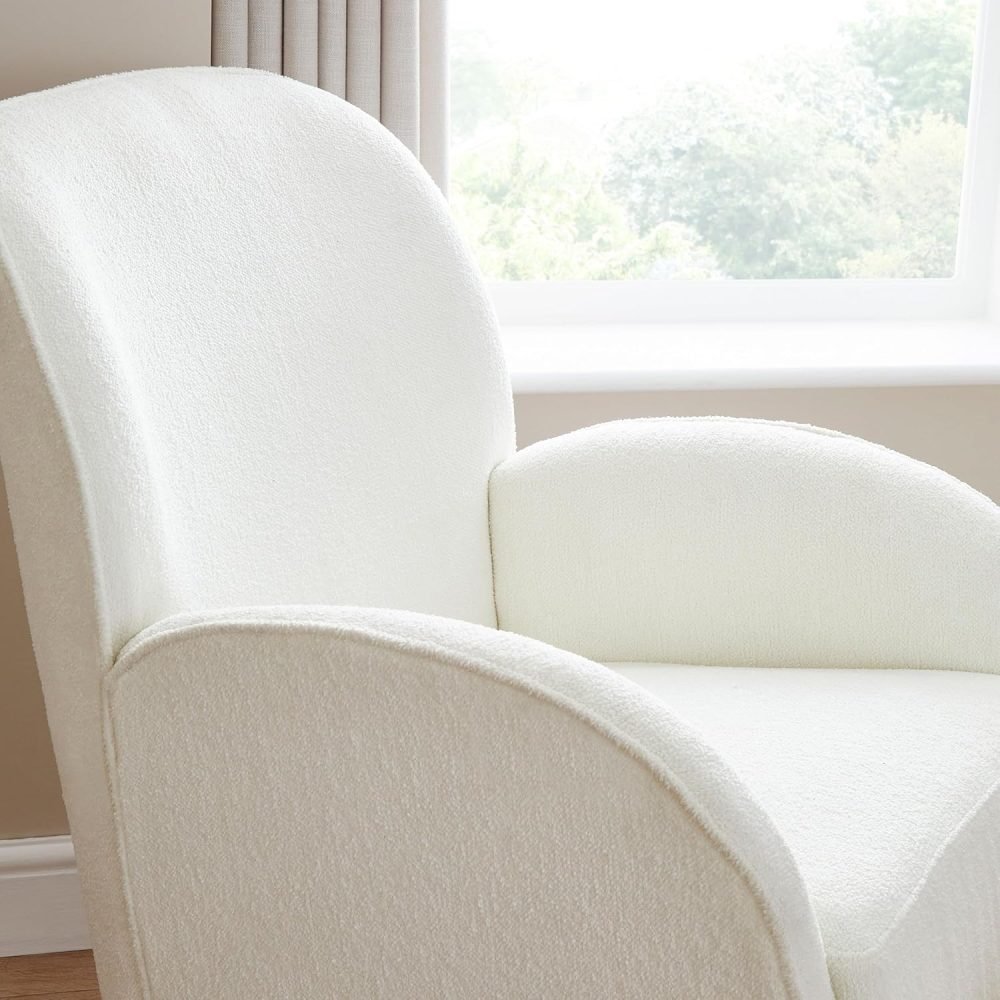 Babymore Freya Nursing Chair & Footstool in Off-White Bouclé - Elegant Rocking Chair for Timeless Comfort With Sturdy Wooden Legs, Soft Fabric & Stylish Armrests | Contoured Backrest Enhances Support - Image 3