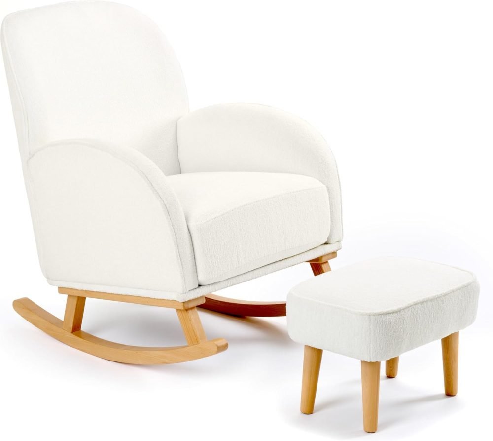Babymore Freya Nursing Chair & Footstool in Off-White Bouclé - Elegant Rocking Chair for Timeless Comfort With Sturdy Wooden Legs, Soft Fabric & Stylish Armrests | Contoured Backrest Enhances Support - Image 5