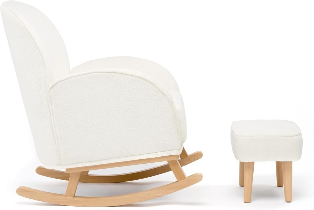 Babymore Freya Nursing Chair & Footstool in Off-White Bouclé - Elegant Rocking Chair for Timeless Comfort With Sturdy Wooden Legs, Soft Fabric & Stylish Armrests | Contoured Backrest Enhances Support - Image 6