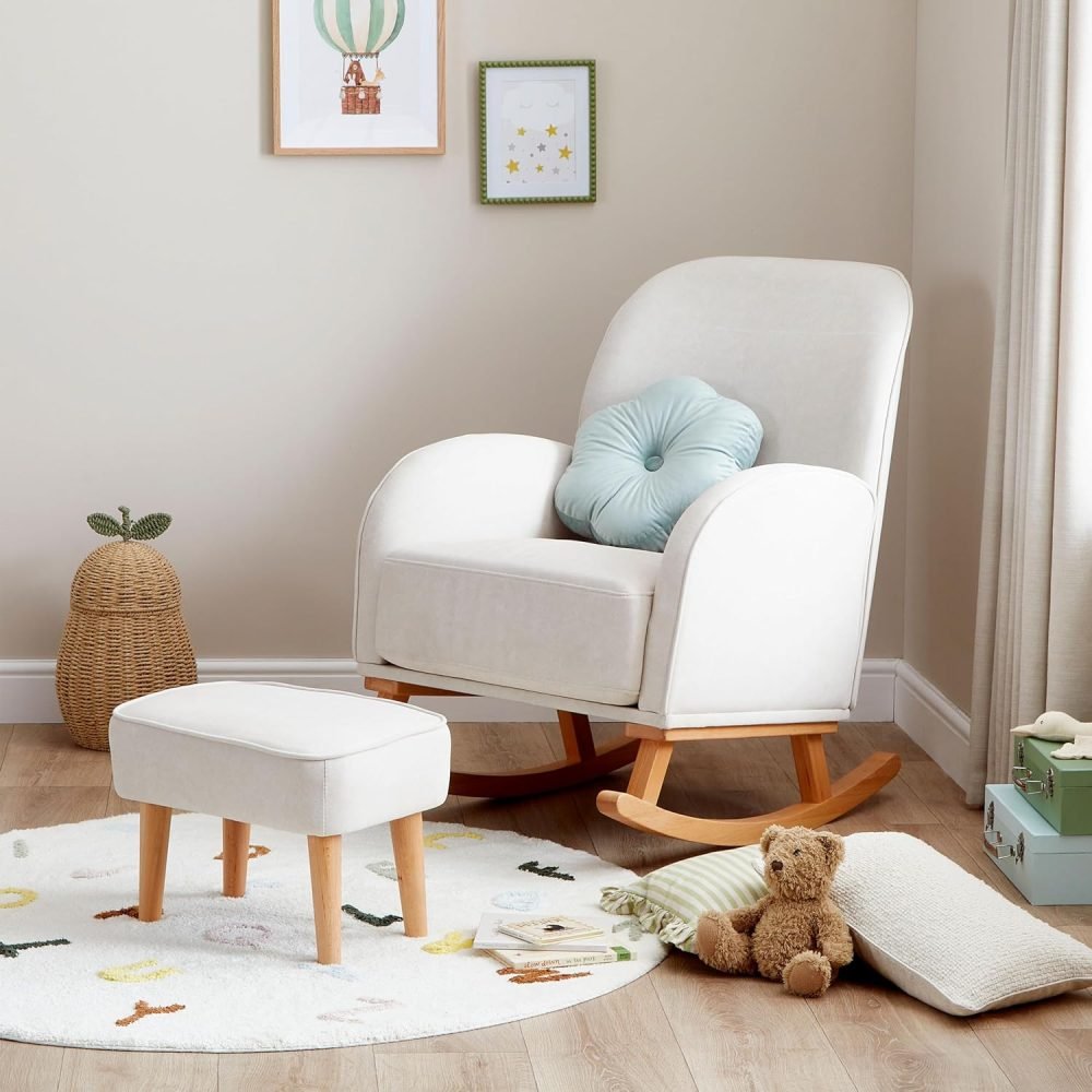 Babymore Freya Nursing Chair & Footstool in Off-White Bouclé - Elegant Rocking Chair for Timeless Comfort With Sturdy Wooden Legs, Soft Fabric & Stylish Armrests | Contoured Backrest Enhances Support - Image 8