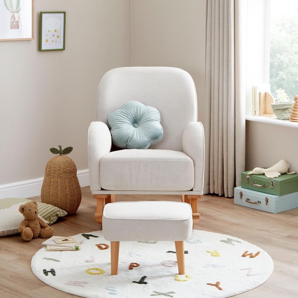 Babymore Freya Nursing Chair & Footstool in Off-White Bouclé - Elegant Rocking Chair for Timeless Comfort With Sturdy Wooden Legs, Soft Fabric & Stylish Armrests | Contoured Backrest Enhances Support - Image 9