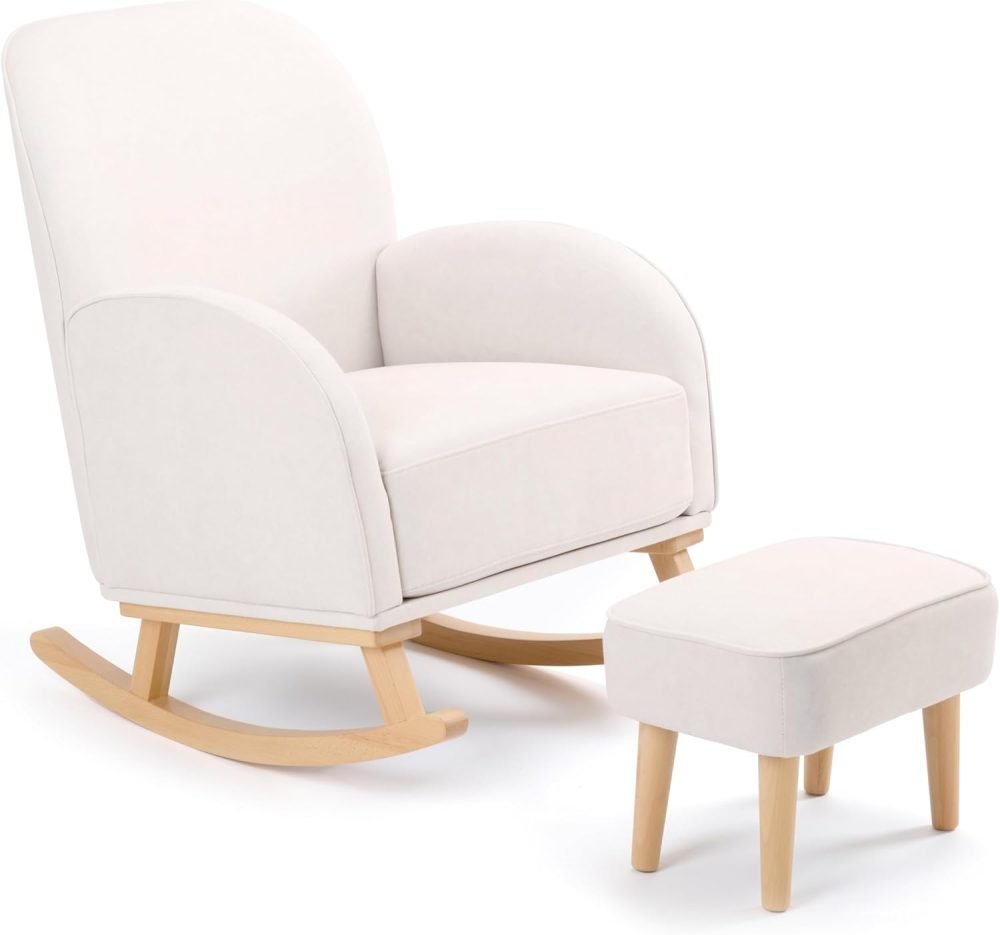 Babymore Freya Nursing Chair & Footstool in Off-White Bouclé - Elegant Rocking Chair for Timeless Comfort With Sturdy Wooden Legs, Soft Fabric & Stylish Armrests | Contoured Backrest Enhances Support - Image 12