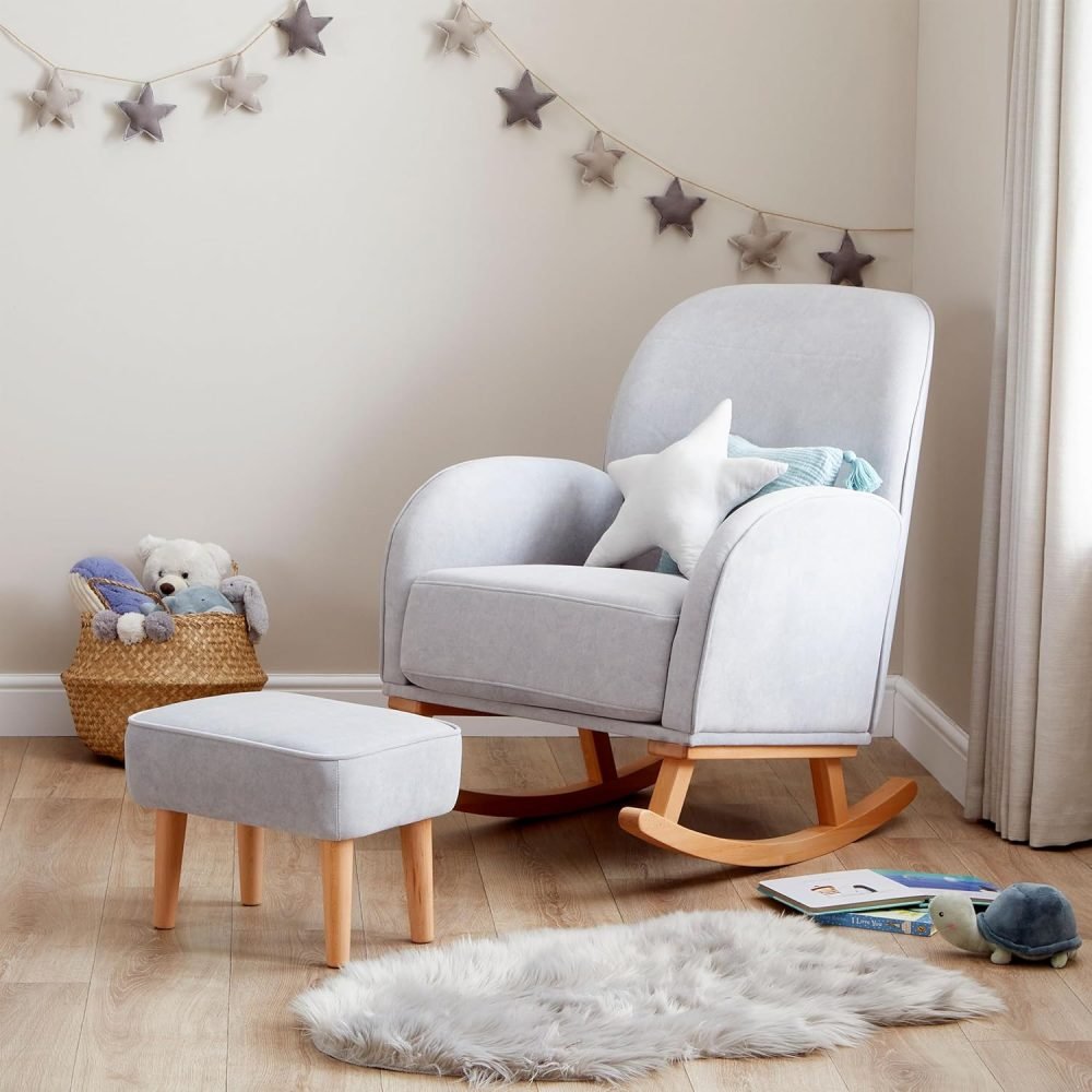 Babymore Freya Nursing Chair & Footstool in Off-White Bouclé - Elegant Rocking Chair for Timeless Comfort With Sturdy Wooden Legs, Soft Fabric & Stylish Armrests | Contoured Backrest Enhances Support - Image 15
