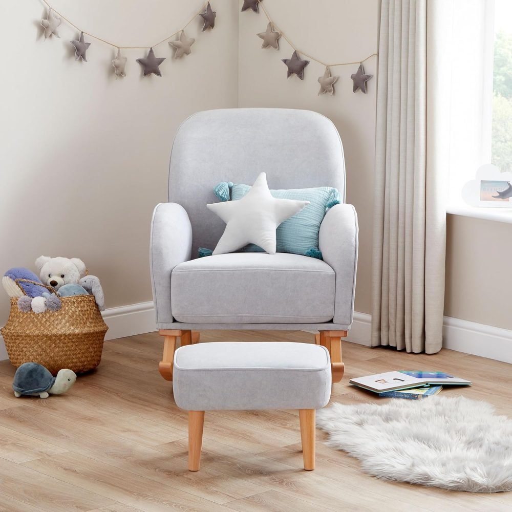 Babymore Freya Nursing Chair & Footstool in Off-White Bouclé - Elegant Rocking Chair for Timeless Comfort With Sturdy Wooden Legs, Soft Fabric & Stylish Armrests | Contoured Backrest Enhances Support - Image 16