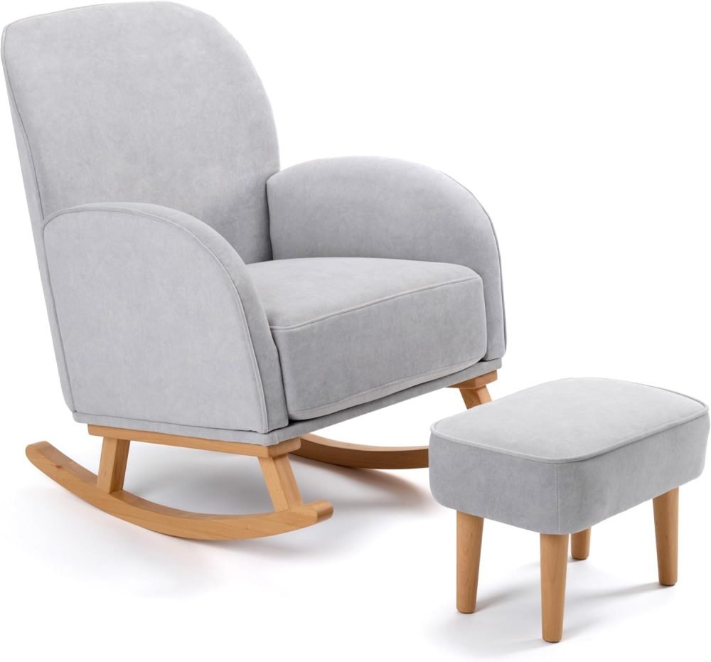 Babymore Freya Nursing Chair & Footstool in Off-White Bouclé - Elegant Rocking Chair for Timeless Comfort With Sturdy Wooden Legs, Soft Fabric & Stylish Armrests | Contoured Backrest Enhances Support - Image 19