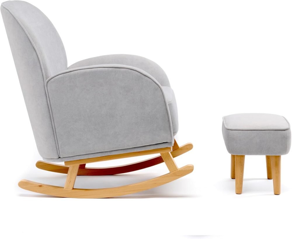 Babymore Freya Nursing Chair & Footstool in Off-White Bouclé - Elegant Rocking Chair for Timeless Comfort With Sturdy Wooden Legs, Soft Fabric & Stylish Armrests | Contoured Backrest Enhances Support - Image 20
