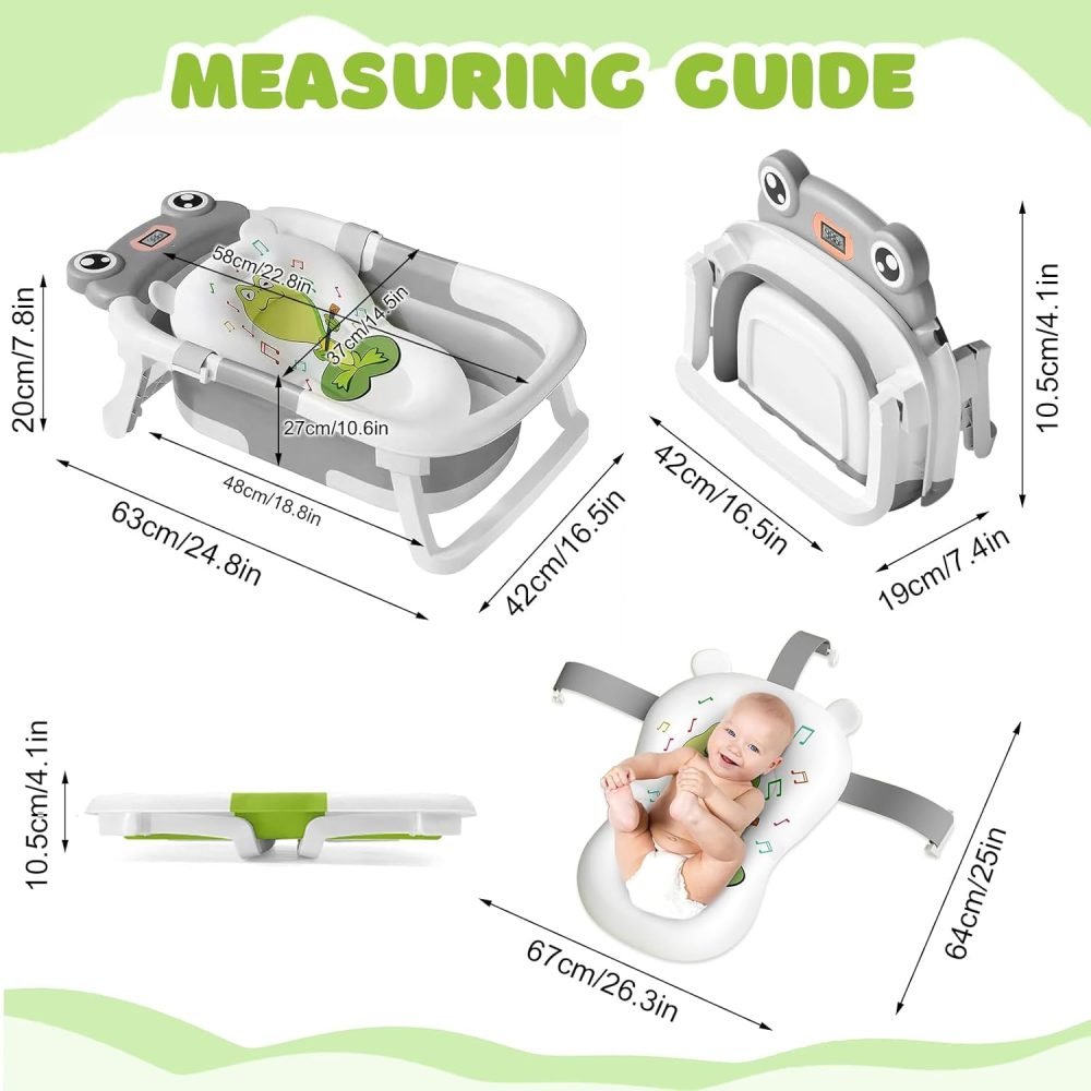 LiveGo Baby Bath Tub, Foldable Baby Bath for Infants to Toddler, Newborn Baby Bathtub with Thermometer & Floating Cushion, Baby Bath for 0-24 Months Newborns Infants and Toddler (Green Frog） - Image 2