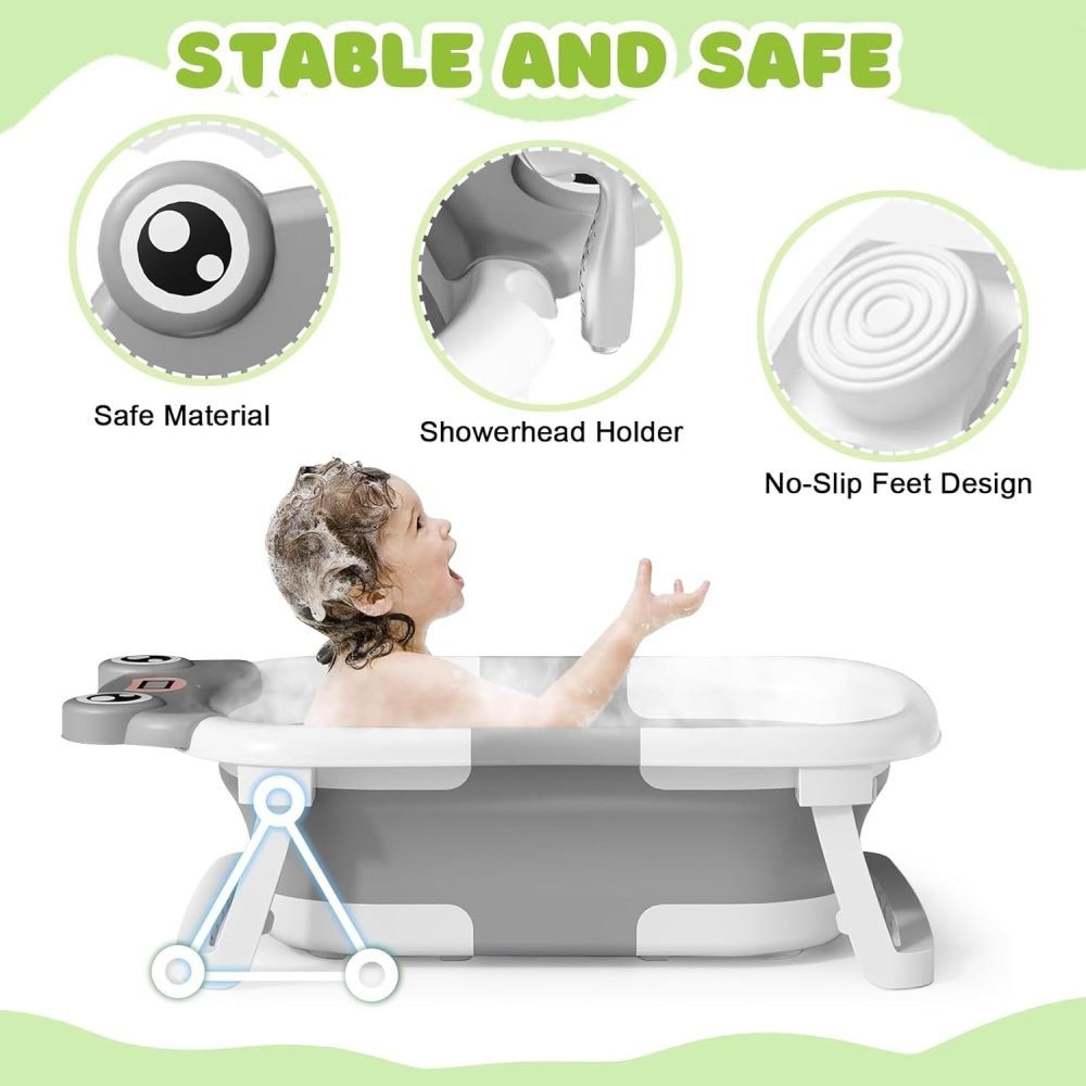 LiveGo Baby Bath Tub, Foldable Baby Bath for Infants to Toddler, Newborn Baby Bathtub with Thermometer & Floating Cushion, Baby Bath for 0-24 Months Newborns Infants and Toddler (Green Frog） - Image 3