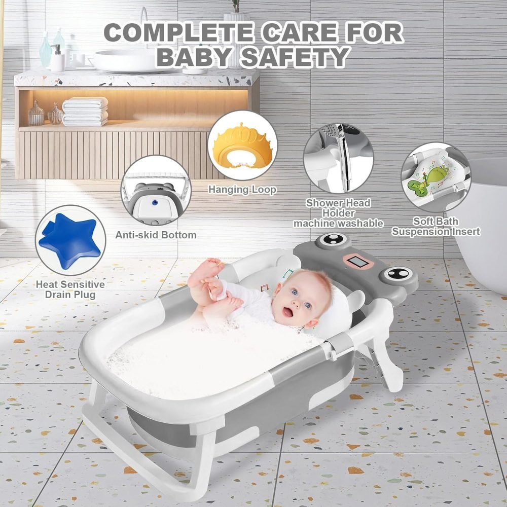 LiveGo Baby Bath Tub, Foldable Baby Bath for Infants to Toddler, Newborn Baby Bathtub with Thermometer & Floating Cushion, Baby Bath for 0-24 Months Newborns Infants and Toddler (Green Frog） - Image 4
