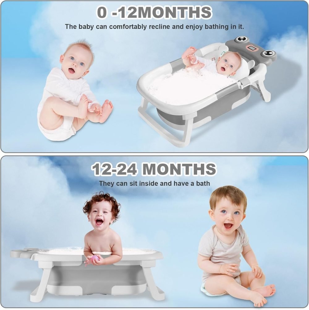 LiveGo Baby Bath Tub, Foldable Baby Bath for Infants to Toddler, Newborn Baby Bathtub with Thermometer & Floating Cushion, Baby Bath for 0-24 Months Newborns Infants and Toddler (Green Frog） - Image 6