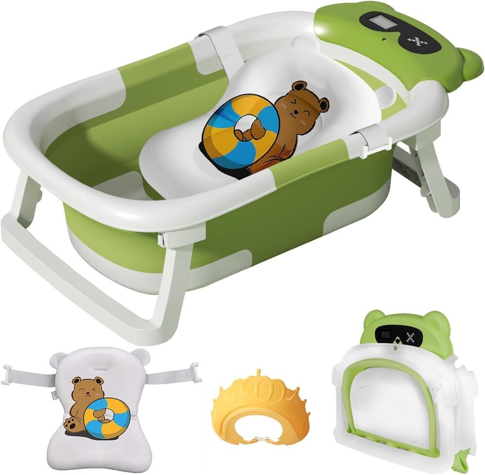 LiveGo Baby Bath Tub, Foldable Baby Bath for Infants to Toddler, Newborn Baby Bathtub with Thermometer & Floating Cushion, Baby Bath for 0-24 Months Newborns Infants and Toddler (Green Frog） - Image 10