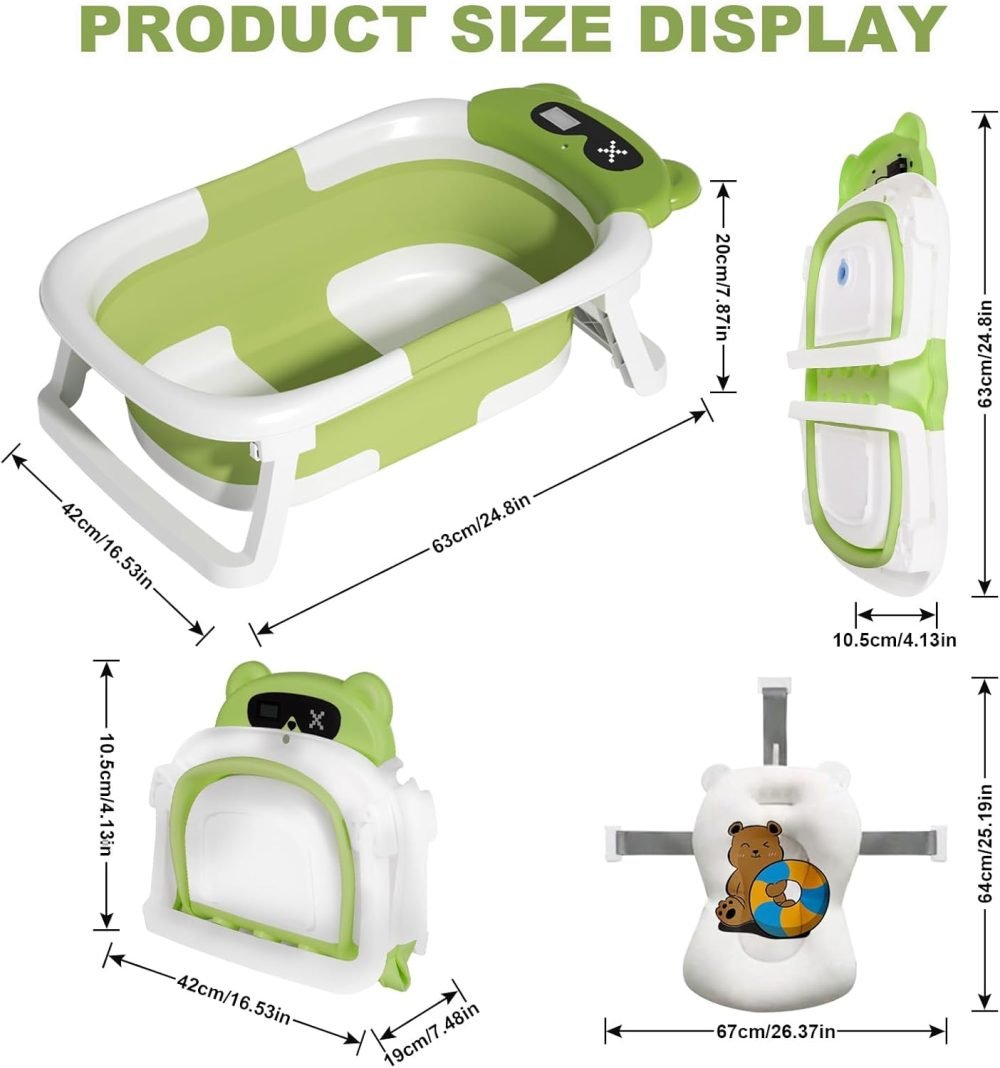 LiveGo Baby Bath Tub, Foldable Baby Bath for Infants to Toddler, Newborn Baby Bathtub with Thermometer & Floating Cushion, Baby Bath for 0-24 Months Newborns Infants and Toddler (Green Frog） - Image 11