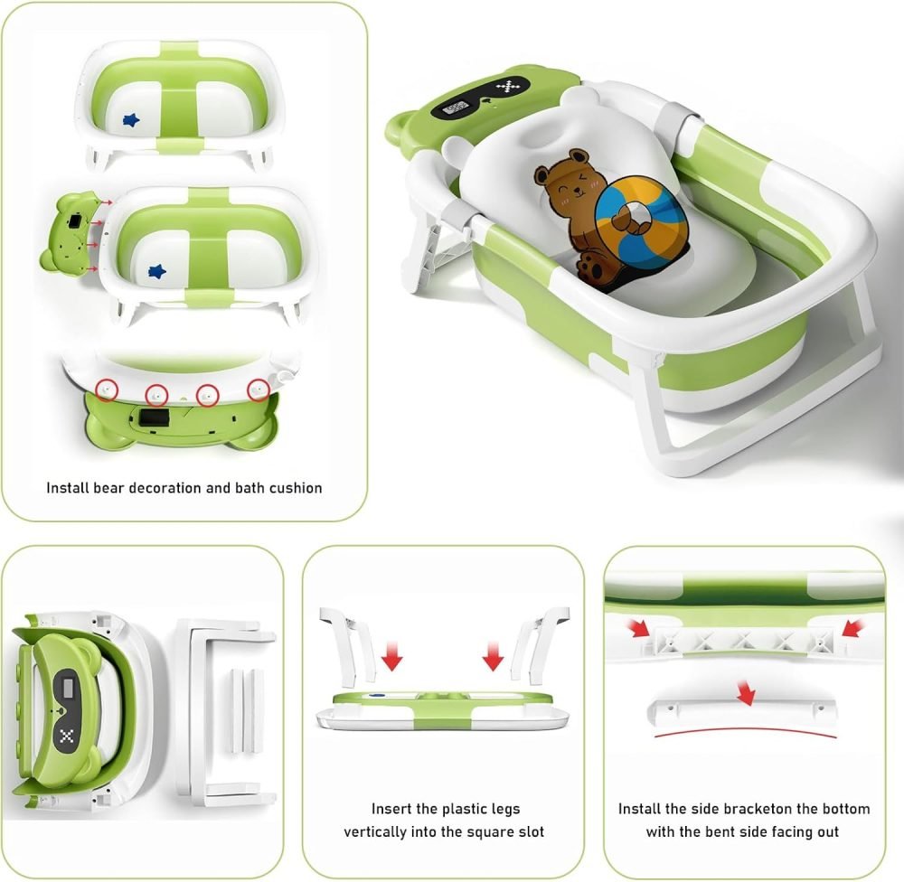 LiveGo Baby Bath Tub, Foldable Baby Bath for Infants to Toddler, Newborn Baby Bathtub with Thermometer & Floating Cushion, Baby Bath for 0-24 Months Newborns Infants and Toddler (Green Frog） - Image 13